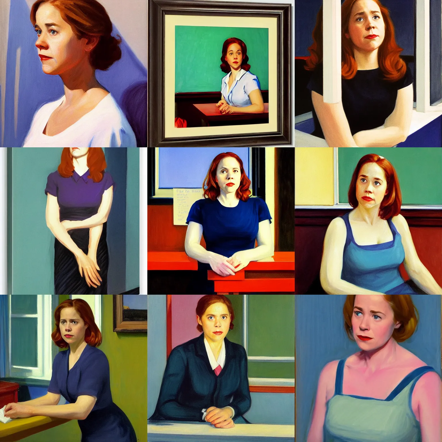 Prompt: portrait of Pam Beesly by edward hopper