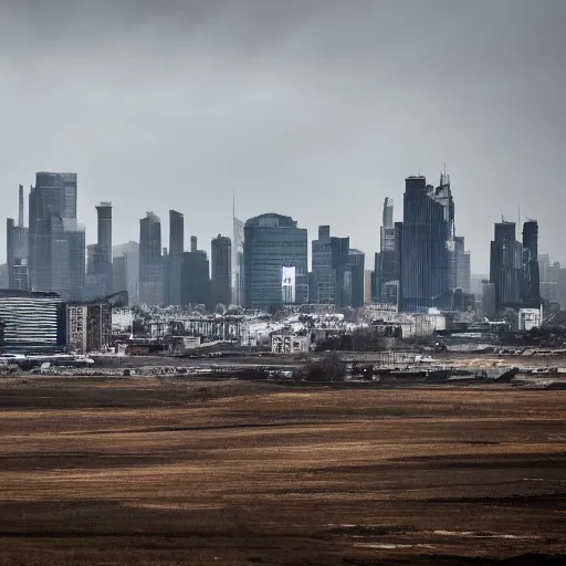 Image similar to Giant megacity looming across the landscape, dystopian, post apocalyptic, XF IQ4, f/22, ISO 200, 1/160s, 8K, RAW, unedited, symmetrical balance, in-frame