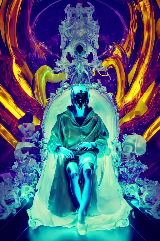 Prompt: photo of fullbody rococo and cyberpunk delicate neon crystalline sculpture of seductive muscular onyx albino marble prince joe jonas teal iridescent humanoid deity wearing yellow plastic hooded cloak holding an onyx skull in a onyx space dungeon, reclining, glowing yellow face, crown of white diamonds, cinematic lighting, photorealistic, octane render 8 k depth of field 3 d