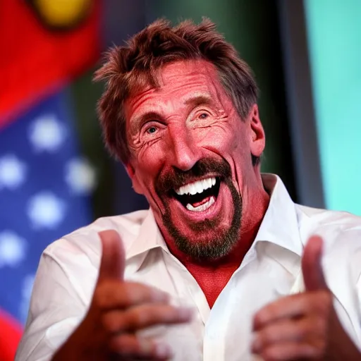 Prompt: John McAfee laughing maniacally as he is elected president of the United States