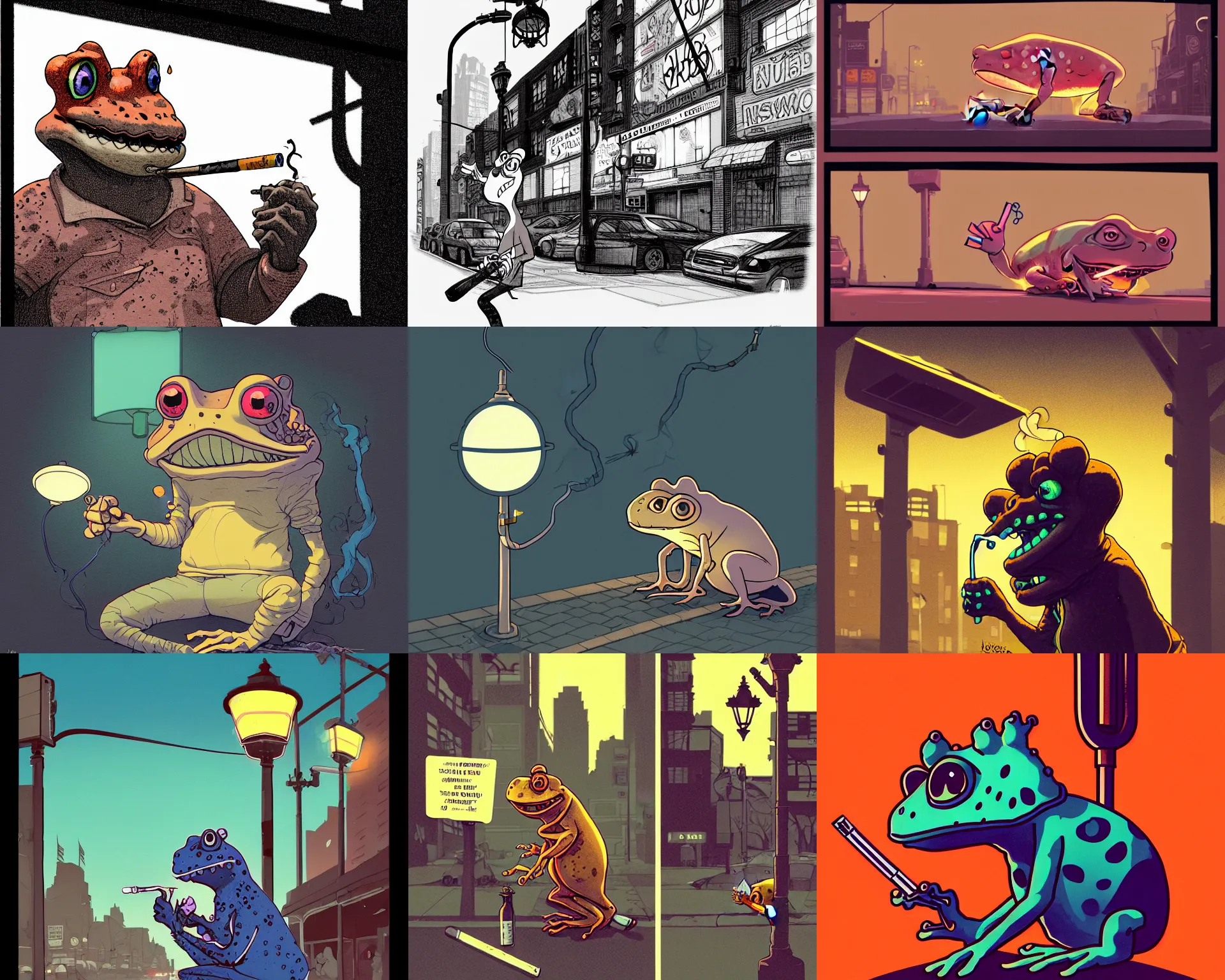 Prompt: a study of cell shaded cartoon of a scary toad smoking a cigarette in Queens New York, street lamps, road, illustration, subtle colors, post grunge, concept art by josan gonzales and wlop, by james jean, Victo ngai, David Rubín, Mike Mignola, Laurie Greasley, highly detailed, sharp focus, Trending on Artstation, HQ, deviantart, art by artgem