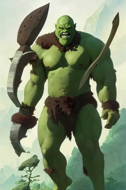 Image similar to orc barbarian male, green skin, exquisite details, big axe, earth magic, mid view, design on a white background, by studio muti, greg rutkowski makoto shinkai takashi takeuchi studio ghibli