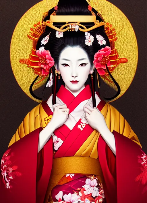 Image similar to dreamlike luxury stunning oiran portrait, red and gold kimono, art by artgerm, wlop, loish, ilya kuvshinov, 8 k realistic, hyperdetailed, beautiful lighting, detailed background, depth of field, symmetrical face, frostbite 3 engine, cryengine,