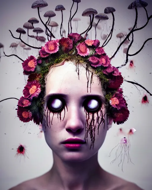 Image similar to a disturbing digital horror arthouse photograph of a beautiful crying woman with flowers and fungus growing out of her head and petals dripping from her eyes, intricate, sharp focus, cinematography, highly detailed, octane render, digital horror artwork, matte, photography by professional photographer