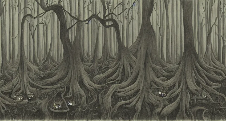 Image similar to A dense and dark enchanted forest with a swamp, by Charles Addams