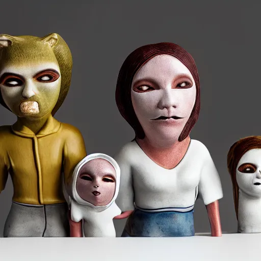 Prompt: ceramic mask family watching tv, britt marling style 3 / 4, 8 k, sharp focus, soft light, volumetric lighting, highly detailed realistic, refined, artstation