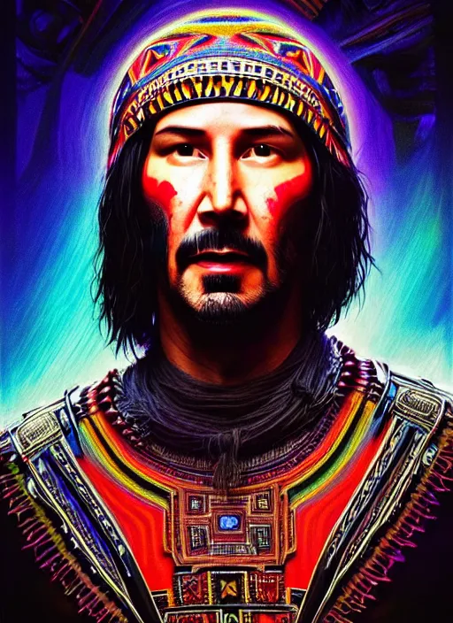 Image similar to portrait of keanu reeves, hyper detailed ultra sharp aztec shaman warrior. trending on artstation, warpaint aesthetic, bloodwave, colorful, psychedelic, ornate, intricate, digital painting, concept art, smooth, sharp focus, illustration, art by artgerm and greg rutkowski and h. r. giger, 8 k