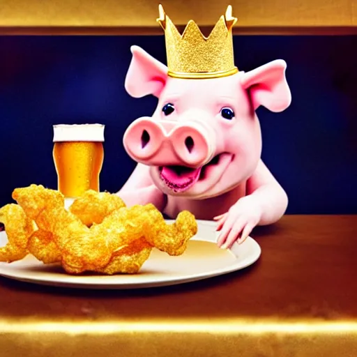 Image similar to realistic photo of a cute puppet pig wearing a gold crown drinking beer and eating a bowl pork rinds a table with a bib on, high quality, cinematic concept art