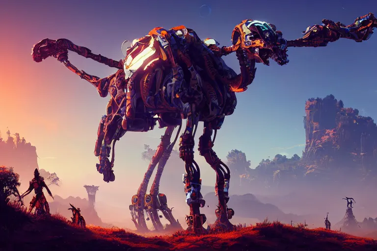 Image similar to tallneck machine mecanical creature robot of horizon forbidden west horizon zero dawn radiating a glowing aura global illumination ray tracing hdr fanart arstation by ian pesty and alena aenami artworks in 4 k