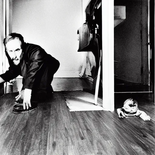 Prompt: dennis hopper crawling around on the floor of a dingy apartment, normal rockwell