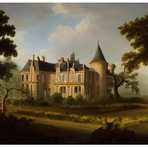 Prompt: a large serene beautiful matte painting of a delapitaded quaint french country castle covered in a state of disrepair in vines, by asher brown durand and george ault featured on artstation