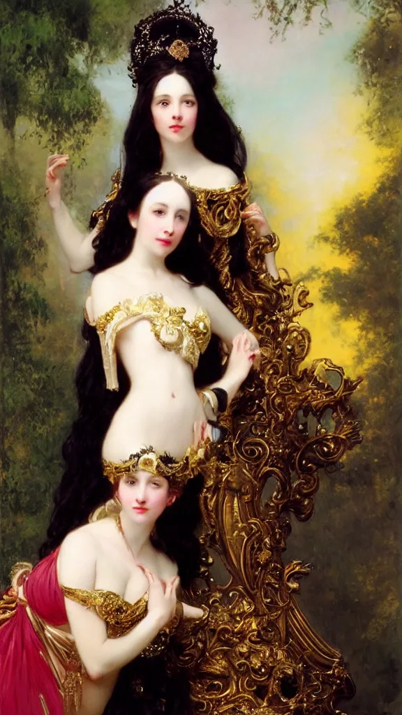 Image similar to a beautiful black haired woman with pale skin and a crown on her head sitted on an intricate metal throne by franz xaver winterhalter and delphin enjolras and rebecca guay