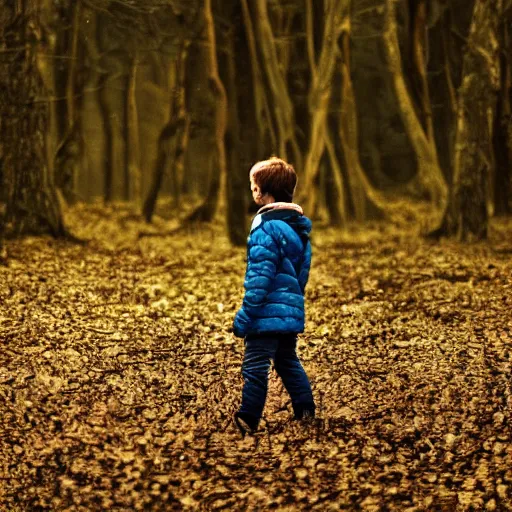 Prompt: A lost boy in the woods finds gingerbread crumbs, XF IQ4, 150MP, 50mm, f/1.4, ISO 200, 1/160s, natural light, Adobe Photoshop, Adobe Lightroom, DxO Photolab, Corel PaintShop Pro, rule of thirds, symmetrical balance, depth layering, polarizing filter, Sense of Depth, AI enhanced, sharpened, denoised