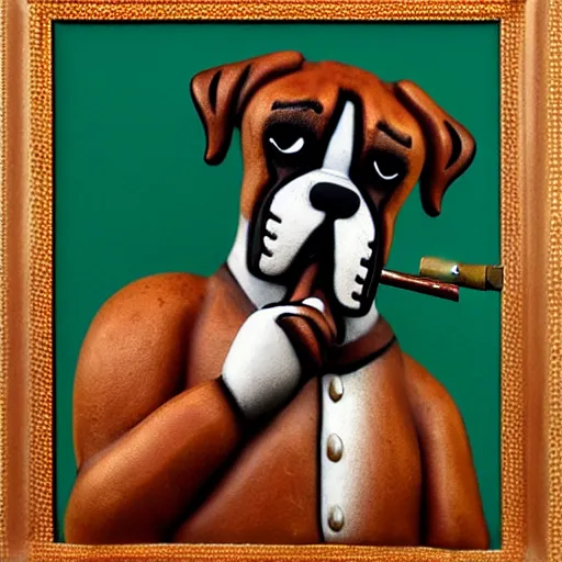 Image similar to boxer dog smoking a cigar, award winning, highly detailed,