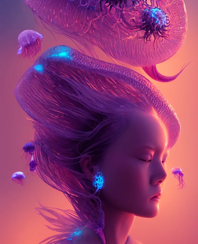 Image similar to goddess close-up portrait. orchid jellyfish phoenix head, nautilus, skull, betta fish, bioluminiscent creatures, intricate artwork by Tooth Wu and wlop and beeple. octane render, trending on artstation, greg rutkowski very coherent symmetrical artwork. cinematic, hyper realism, high detail, octane render, 8k