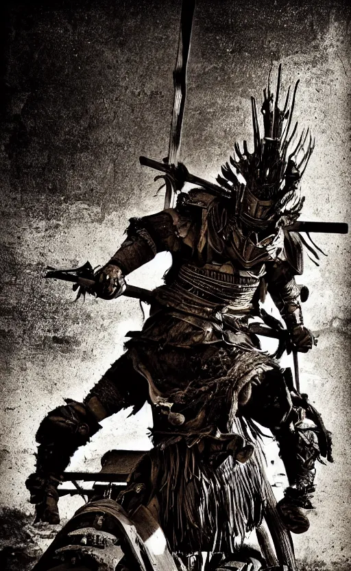 Prompt: vertical movie frame with heavy furious warrior riding ancient wooden atv, armor inspired by feudal japan and fashion, strong blooded body, brutal blooded symmetrical face, epic,cinematic lighting, award winning, establishing shot, extremely high detail, photorealistic, brutal, provocative , natural lighting, octane render ,old photo, vintage, black and white, sepia, old photography, documentary photography