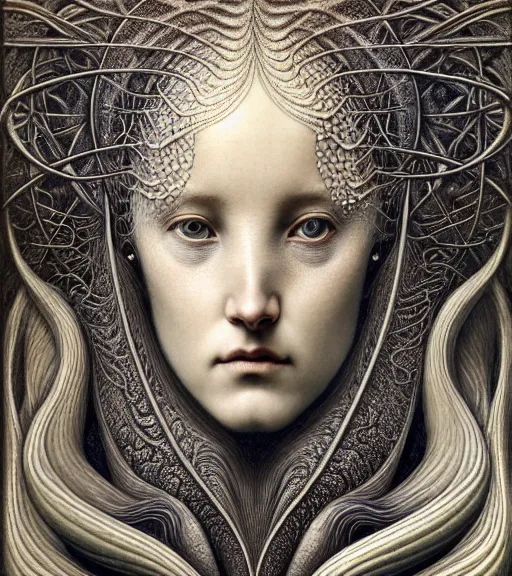 Image similar to detailed realistic beautiful shark goddess face portrait by jean delville, gustave dore, iris van herpen and marco mazzoni, art forms of nature by ernst haeckel, art nouveau, symbolist, visionary, gothic, neo - gothic, pre - raphaelite, fractal lace, intricate alien botanicals, ai biodiversity, surreality, hyperdetailed ultrasharp octane render