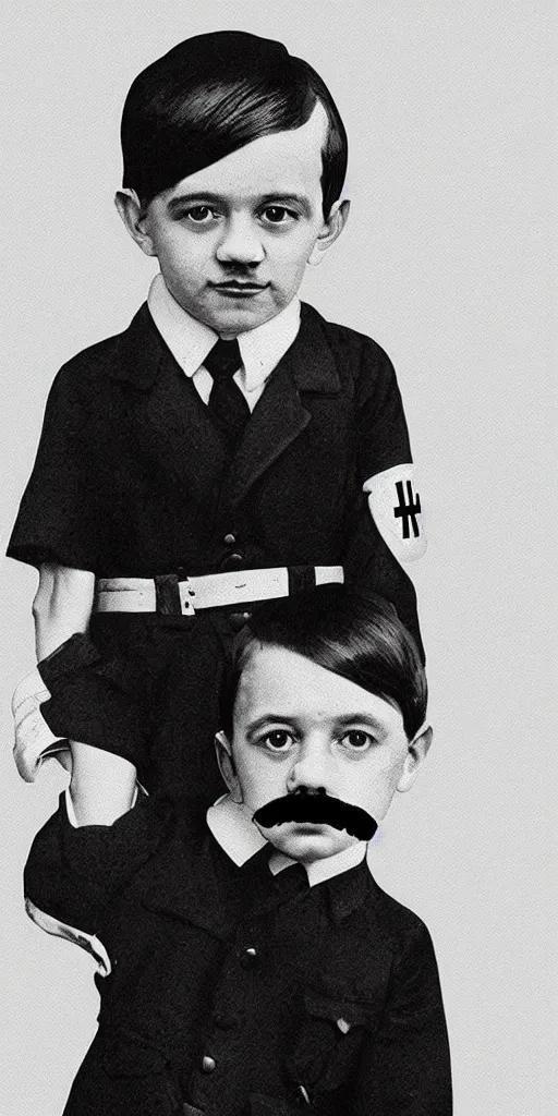 Prompt: adolf hitler as a little child in a school uniform carrying books, hitler mustache, white background, full color digital art, cartoon