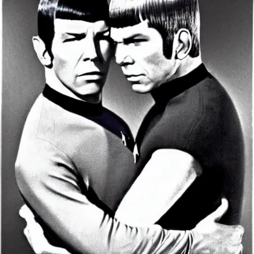 Prompt: Captain James T. Kirk and Spock from Star Trek(1966) in color, hugging each other