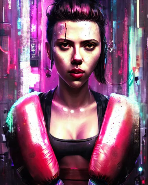 Prompt: detailed portrait Scarlett Johansson, cyberpunk futuristic neon, reflective crop top and shorts, boxing gloves, decorated with traditional Japanese ornaments by Ismail inceoglu dragan bibin hans thoma greg rutkowski Alexandros Pyromallis Nekro Rene Maritte Illustrated, Perfect face, fine details, realistic shaded, fine-face, pretty face