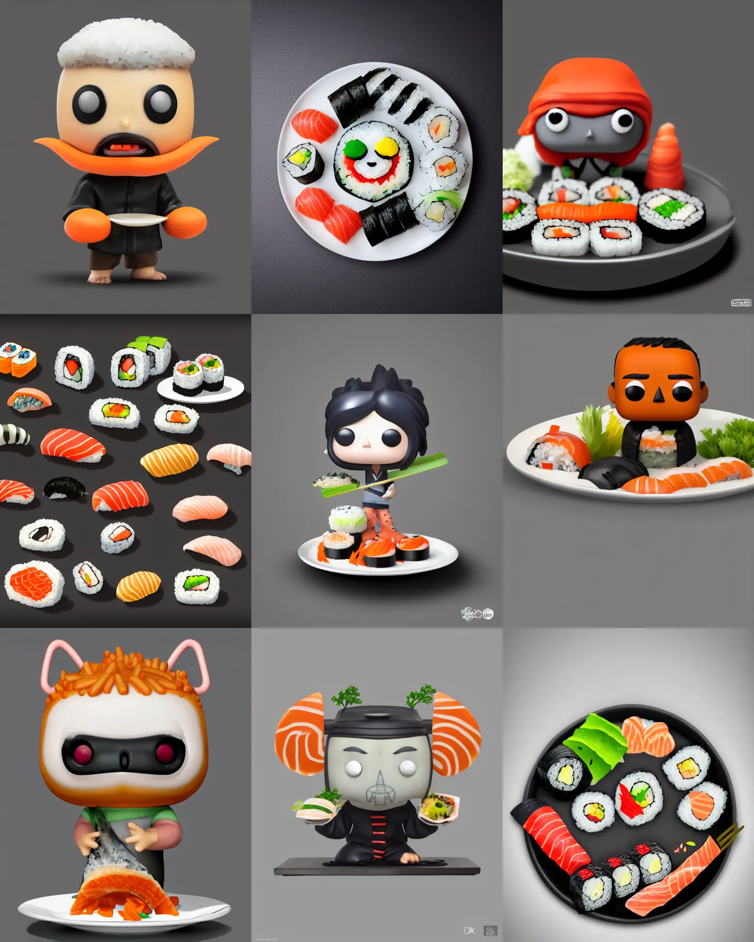 Prompt: of sushi on a plate as a funko pop!, studio lighting, grey background, no shadow, blender, trending on artstation, 8 k, highly detailed
