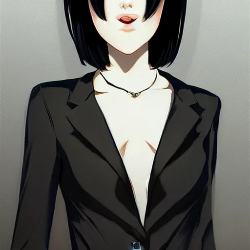 Image similar to slim cruel business girl in tuxedo with black bob hair, elegant, 2d, ultra highly detailed, digital painting, smooth, sharp focus, artstation, art by Ilya Kuvshinov