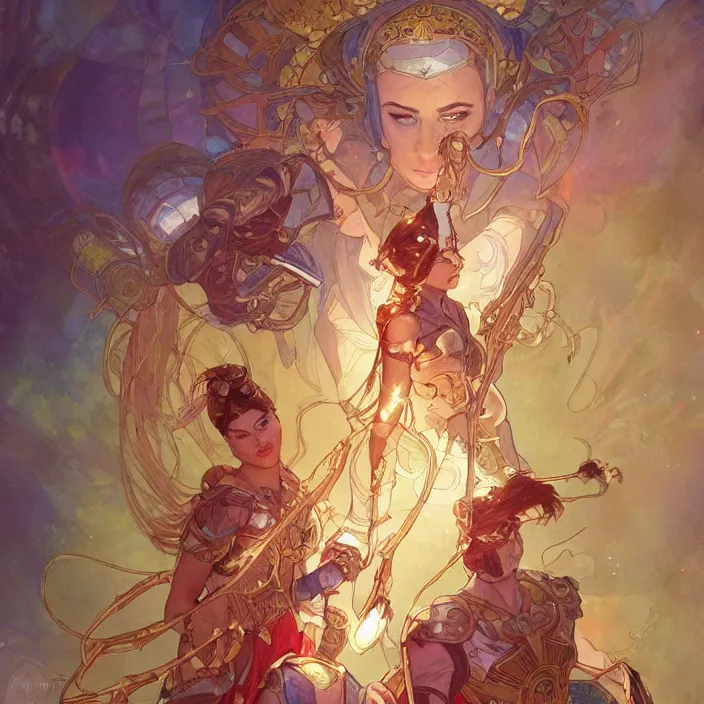 Image similar to gatot kaca as super heroes, closed up portrait,, highly detailed, gold filigree, romantic storybook fantasy, soft cinematic lighting, award, disney concept art watercolor illustration by mandy jurgens and alphonse mucha and alena aenami, pastel color palette, featured on artstation