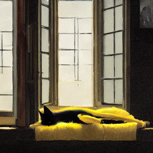 Prompt: a giant black cat with yellow eyes looking through a window at a sleeping blonde girl, detailed, Greg Rutkowski