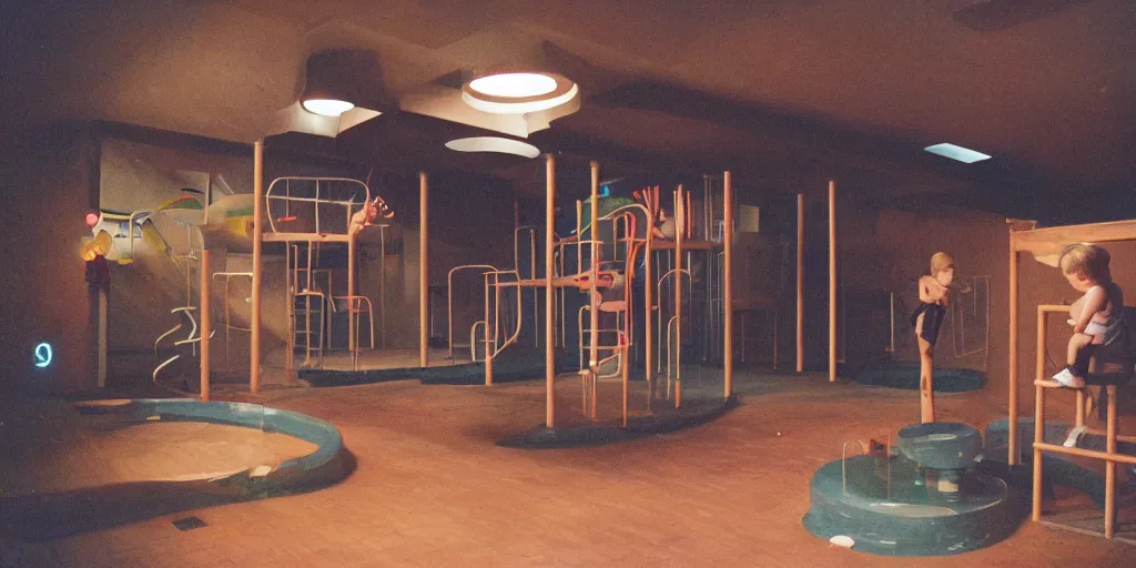 Image similar to a weird modern place, house, playground, office, pool, bar, pub, interior, room, hall way with eerie feeling, disposable colored film camera, camera flash, unusual place, unsettling, kids place, night scene