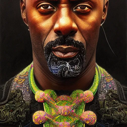 Image similar to portrait of idris elba, hyper detailed masterpiece, neon floral pattern, jean giraud, digital art painting, darkwave goth aesthetic, psychedelic, artgerm, donato giancola and tom bagshaw