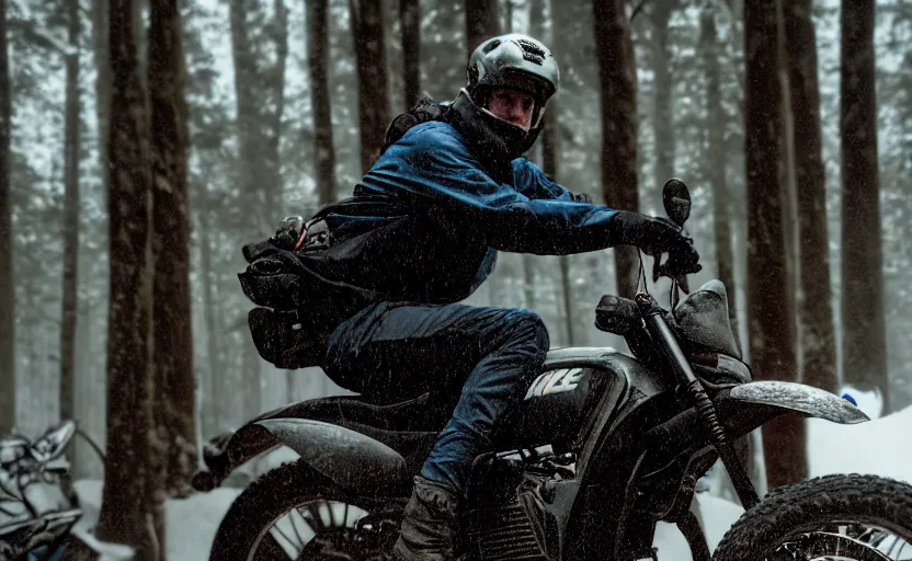 Image similar to cinestill 5 0 d candid photographic portrait by steven spielberg of joe biden wearing rugged black mesh techwear on a dirtbike through a deep forest, extreme closeup, modern cyberpunk moody emotional cinematic, snow storm, 8 k, hd, high resolution, 3 5 mm, f / 3 2, ultra realistic faces, ex machina