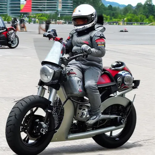 Prompt: Gray American Bully Dog riding a motorcycle wearing Lewis Hamilton Mercedes Petronas merchandise