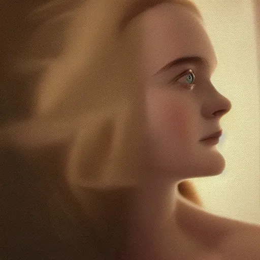 Image similar to Elle Fanning sitting on a white leather chair in the world of Brenda Zlamany, head and shoulders portrait, stormy weather, extremely detailed masterpiece, oil on canvas, low-key neon lighting, artstation, Blade Runner 2049, Roger Deakin’s cinematography, by J. C. Leyendecker and Peter Paul Rubens and Edward Hopper and Michael Sowa,