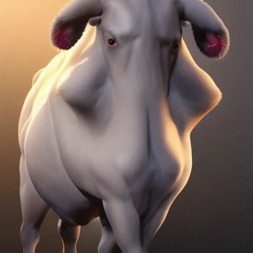 Image similar to a super muscly Belgian Blue, very detailed, ultrarealistic, dramatic lighting, electrical details, high details, 4k, 8k, best, accurate, trending on artstation, fur, artstation, photorealism, ultrarealistic, digital painting, style of frank frazetta