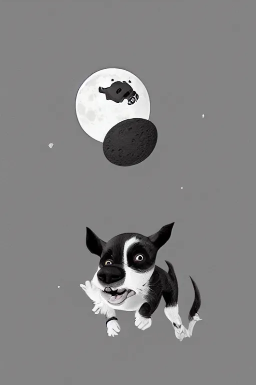 Image similar to cute jack black and white russel terrier jumping over a smiling moon, large round eyes, concept art, game art, character sheet, character design, by cory loftis and bill schwab