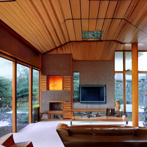 Image similar to mid century sunken living room, fireplace, big windows, frank lloyd wright