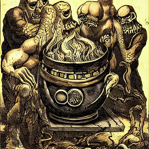 Prompt: monsters consumed transformed transmutation in a fiery alchemical cauldron