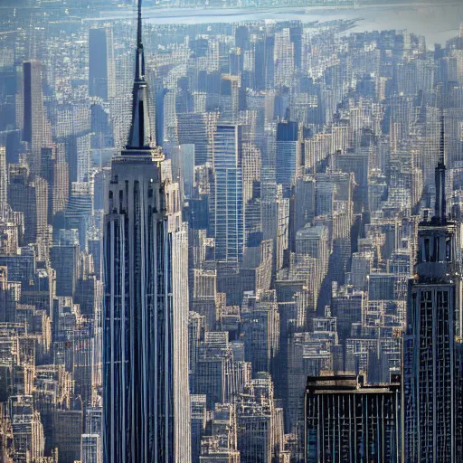 Image similar to water flowing from the windows of the empire state building, fluid simulation, long shot, 2 0 0 mm, orthogonal perspective, photorealist, panorama, new york background, detailled, sharp focus, realistic, trending on artstation, cg society, 8 k, unreal