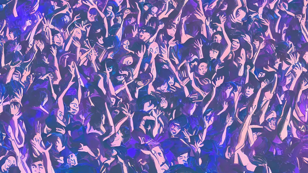 Prompt: detailed illustration of a concert crowd seen from the front composed of a heterogeneous group of people dancing, dark blue and intense purple color palette, 4 k in the style of kojima ayami, amano yoshitaka