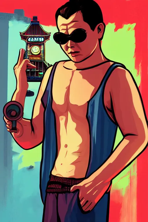 Prompt: boy with singlet and towel on shoulder. grand theft auto chinatown art style, bioshock art style pop art, no duplicate image, glowing lights, ultra details, digital painting, artstation, concept art, smooth, sharp focus, illustration, intecrate details, art by richard hamilton and mimmo rottela, pixels art by paul robertson