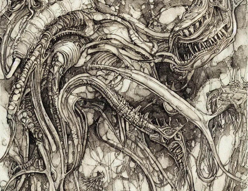 Image similar to a detailed, intricate watercolor and ink illustration with fine lines of h. r. giger's xenomorph, by arthur rackham and edmund dulac and lisbeth zwerger