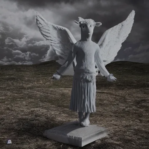 Image similar to Statue of a creepy sheep as an angel, photorealistic, film still, desolate