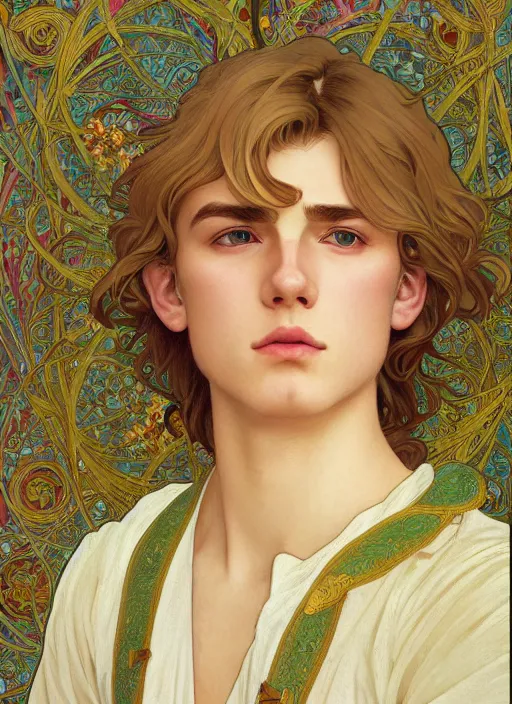 Image similar to pretty young man with shoulder length shiny shimmering golden blond hair, half body shot, emotional, decorative flower patterned background, path traced, highly detailed, high quality, digital painting, by studio ghibli and alphonse mucha, leesha hannigan, hidari, disney, jules bastien - lepage, art nouveau