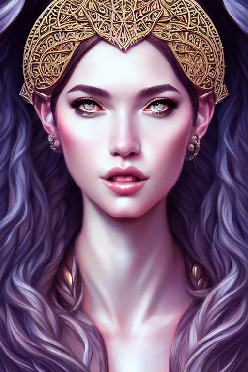 Image similar to portrait of the Goddess of Wisdom, elegant, intricate, full frontal shot, highly detailed, digital painting, artstation, concept art, sharp focus, illustration, art by artgerm