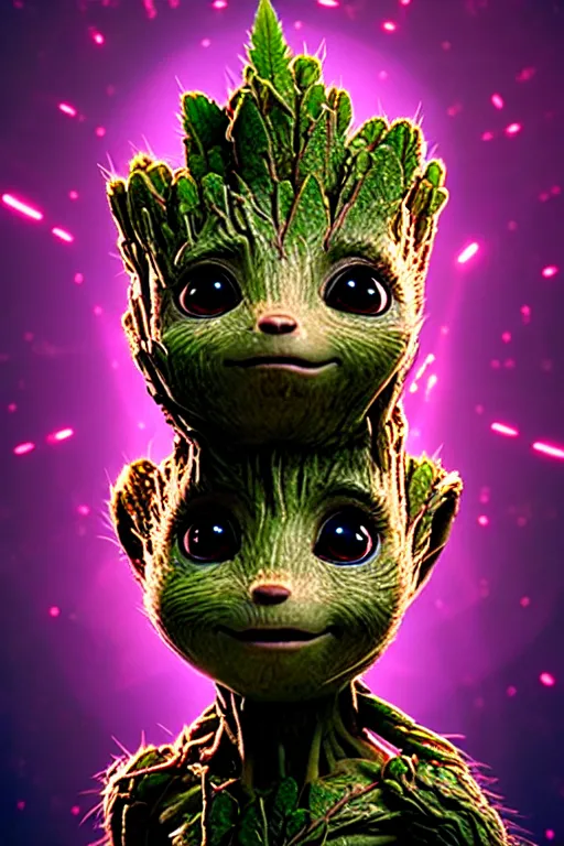 Image similar to high quality 3 d render very cute beautiful creature with a cannabis inflorescence instead of a head, like baby groot! incorporated speakers!, cyberpunk highly detailed, unreal engine cinematic smooth, in the style of blade runner & detective pikachu, hannah yata charlie immer, moody light, low angle, uhd 8 k, sharp focus