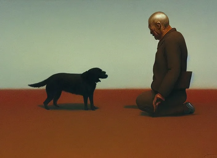 Prompt: portrait of a man and his dog, highly detailed, science fiction, Edward Hopper and James Gilleard, Zdzislaw Beksinski highly detailed