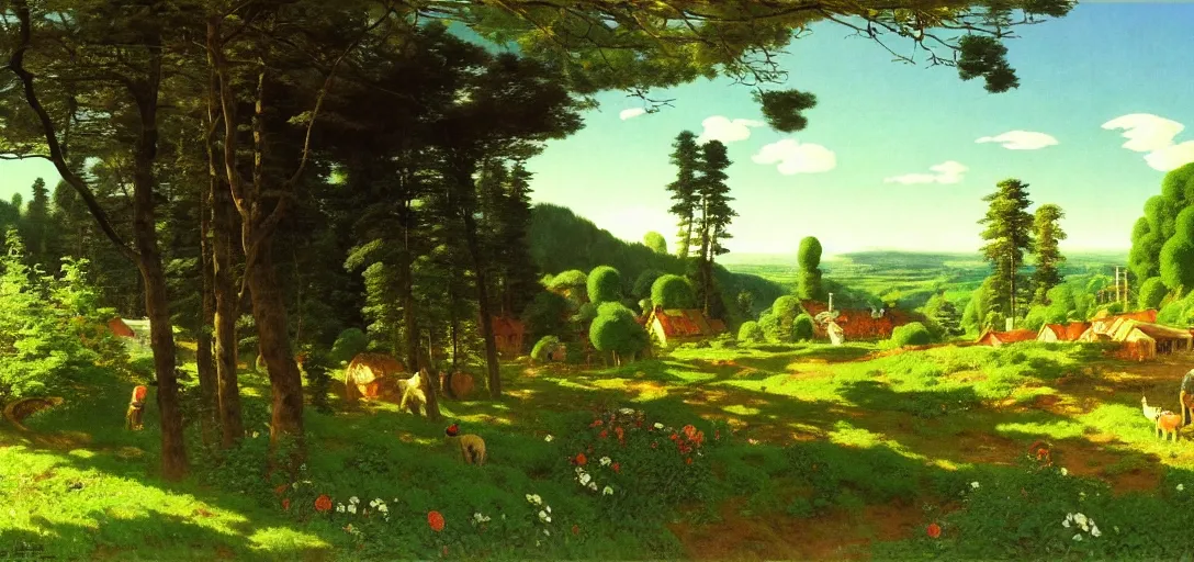 Prompt: ghibli illustrated background of strikingly beautiful swedish farm, the fealds and forests in the background by vasily polenov, eugene von guerard, ivan shishkin, albert edelfelt, john singer sargent, albert bierstadt 4 k