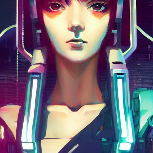 Image similar to A comic potrait of a cyberpunk cyborg girl with big and cute eyes, fine-face, realistic shaded perfect face, fine details. Night setting. Very anime style. Realistic shaded lighting poster by Ilya Kuvshinov katsuhiro, magali villeneuve, artgerm, Jeremy Lipkin and Michael Garmash, Rob Rey and Kentarõ Miura style, trending on art station