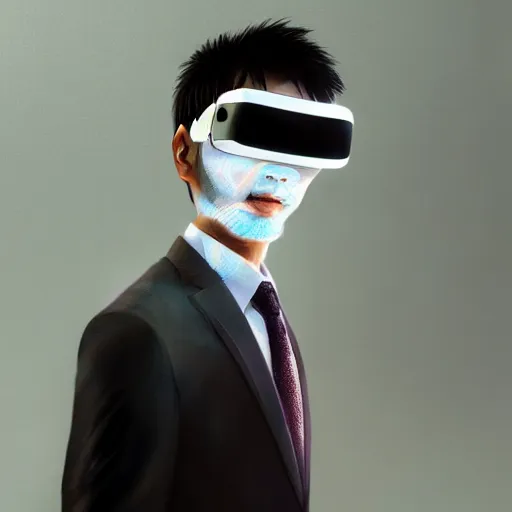 Prompt: Japanese man in a business suit with futuristic cyberpunk VR goggles implanted into his face, by Stanley Artgerm Lau, WLOP, Rossdraws, James Jean, Andrei Riabovitchev, Marc Simonetti, Yoshitaka Amano, digital art, masterwork, cgstudio, trending on ArtStation,