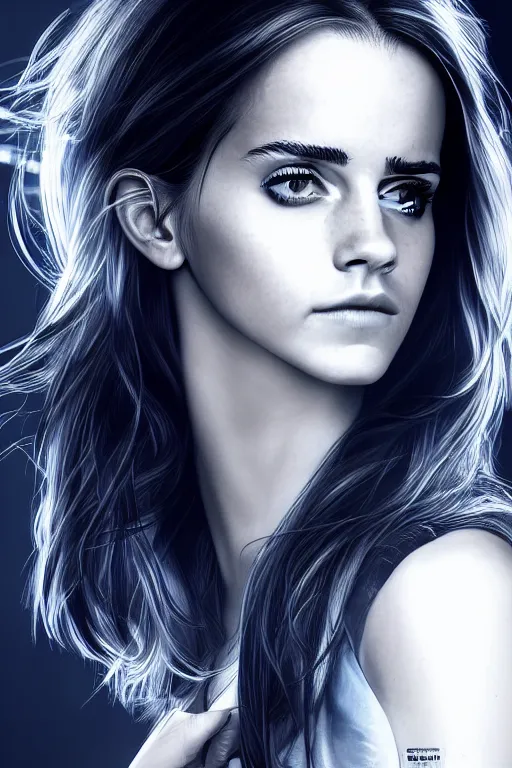 Image similar to Emma Watson, head and shoulders portrait, the background is a huge futuristic city, cyberpunk style futuristic neon lights, artstation cgsociety masterpiece highly-detailed